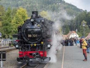 Old steam train in Oybin train station, Zittau Mountains, Saxony, Germany