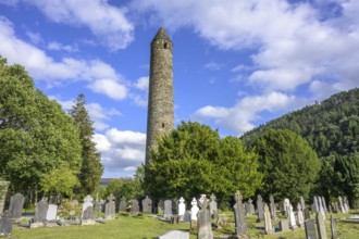 Round Tower and Cemetery, Glendalough, Wicklow Mountains National Park, Brockagh, County Wicklow,