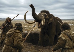 A mammoth (Mammuthus) in a pit in the ice age cold steppe is attacked by prehistoric hunters with