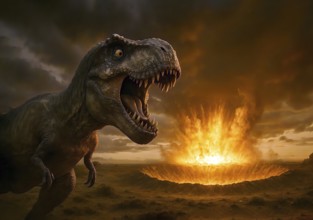 A Tyrannosaurus rex hunts looks startled at a fiery asteroid that hits the earth, symbol carnivore,