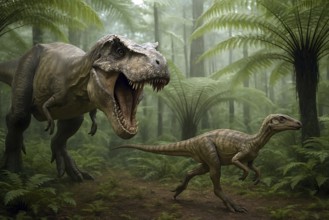 A Tyrannosaurus rex hunts a small dinosaur in a prehistoric forest of ferns, symbol carnivore,
