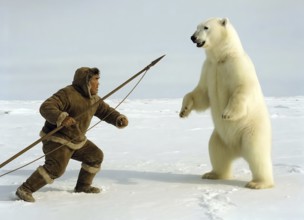 An Inuit hunts a polar bear in the snowy Arctic, symbol Eskimo, polar region, winter, hunting,
