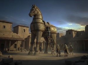 The Trojan horse stands at night in the ancient city of Troy, Greek warriors get out of the belly
