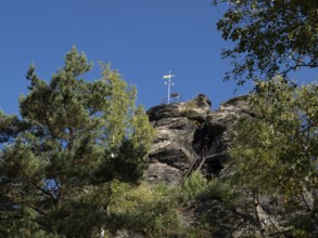 Rocks and rock group with via ferrata, Scharfenstein, Zittau Mountains, Saxony, Germany