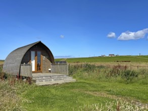 Small wooden house on a green field under clear blue sky on a sunny day, Pod, holiday