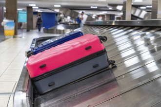 Pink and blue suitcases are moving on a baggage claim conveyor belt at the airport, ready to be