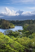 Lake Mangamahoe with views of Mount Taranaki. Egmont National Park, Taranaki Region, North Island,