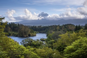 Lake Mangamahoe with views of Mount Taranaki. Egmont National Park, Taranaki Region, North Island,