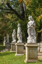 Stone sculptures of Roman and Greek goddesses and gods, Wiepersdorf Castle Park, Wieperdorf,