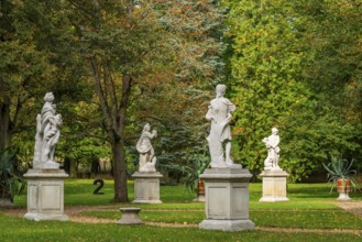 Stone sculptures of Roman and Greek goddesses and gods, Wiepersdorf Castle Park, Wieperdorf,