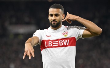 Goal celebration Josha Vagnoman VfB Stuttgart (04) Gesture Gesture Europa League, MHPArena, MHP