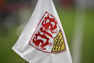 Corner flag with VfB Stuttgart coat of arms, logo, Europa League, MHPArena, MHP Arena Stuttgart,