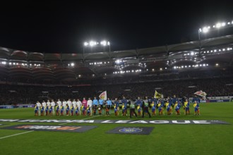 Line-up of the teams VfB Stuttgart and Maccabi Tel Aviv FC in front of the start of the game, TV
