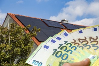 (Photo montage) Man holding euro banknotes in front of a solar roof