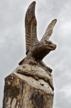 Carved sculpture of a white-tailed eagle (Haliaeetus albicilla) from a tree on the River Peene at