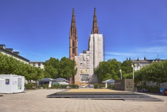 St. Boniface Catholic Church, scaffolding, renovation, concrete paving square, trees, general