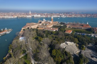 Aerial view, Isola di San Giorgio Maggiore, San Marco Basin, Venice, Veneto, Italy