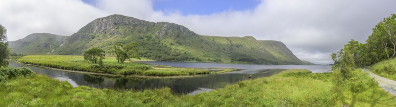Panorama with waterfall and mouth of the Owenacoo River into Lough Beagh, Glenveagh National Park,