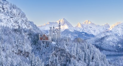 The picturesque Neuschwanstein Castle in an atmospheric, snowy mountain landscape in the morning,