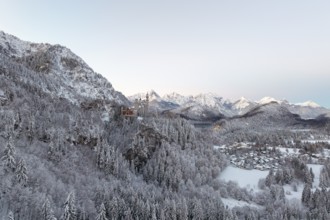 Neuschwanstein Castle in a wintry mountain landscape with snow-covered trees and mountains in the