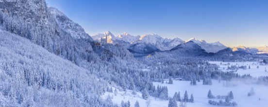 Wide snowy mountain landscape with clear skies and a wide view of the Alps, Neuschwanstein Castle,