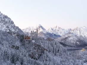 Romantic Neuschwanstein Castle nestled in winter mountain scenery and snow-covered forests,