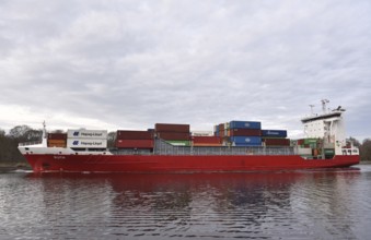 Container ship, RUTH sails in the evening in the Kiel Canal, NOK, Kiel Canal, Kiel Canal,