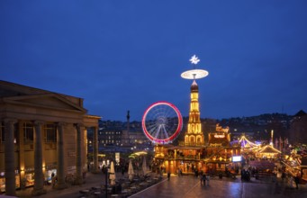 Night view, Christmas market with Christmas pyramid, Ferris wheel, movement effect, New Palace,