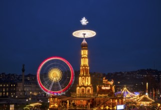 Night view, Christmas market with Christmas pyramid, Ferris wheel, movement effect, New Castle,