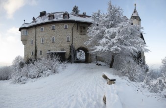 Sunrise over the snow-covered Teck Castle. Baden-Württemberg, Germany