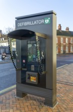 JCDecaux modern public access defibrillator station kiosk communication hub, town centre of
