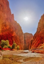 Bright orange rocks under bright sun in an impressive gorge, Todra Gorge in Morocco