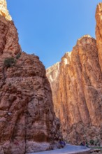 Narrow gorge with high, red-illuminated rocks under a clear sky, Todra Gorge in Morocco