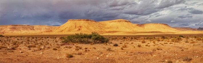 Extensive desert panorama with sandy hills and a cloudy sky, Tinghir in Morocco