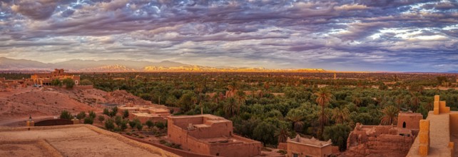 Dramatic desert panorama with oasis and mountains in the background at sunset, Skoura in Morocco