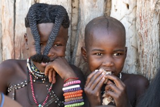 Himba children, traditional Himba village, Kaokoveld, Kunene, Namibia