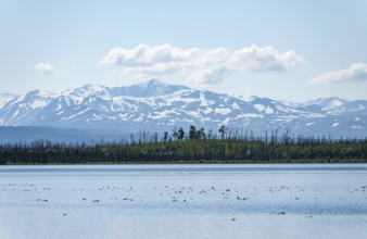 Lake Skilak Lake and snowy mountains, Kenai Peninsula, Alaska, USA