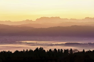 View from Horben of Lake Zug with the city of Cham and Zug covered in fog, behind it the