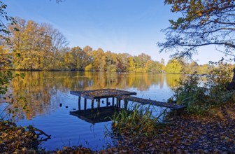 Autumn colors and a fishing platform on Sandbrack, a lake in the Kirchwerder district of Hamburg.