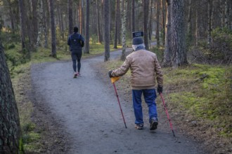 Exercisers on a forest path, a younger man running and an older man walking with poles in Ystad,