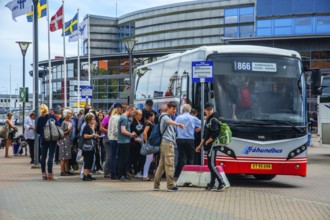 Traffic terminal at the port of Ystad, Skåne County, Sweden. Travelers from Bornholm board a bus