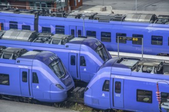 Parked trains at the railway station in Ystad, Skåne County, Sweden, Scandinavia