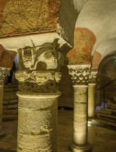 Romanesque cross vault with Corinthian capitals in the cathedral crypt, Bayeux, Calvados