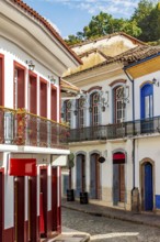 Old mansions and cobblestone paving on the historic streets of Ouro Preto, Ouro Preto, Minas