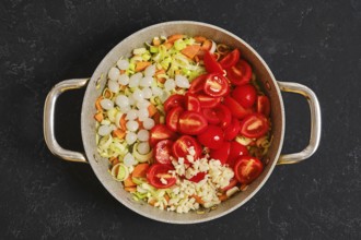Fresh vegetables including tomatoes, leeks, and carrots are chopped and arranged in a cooking pot
