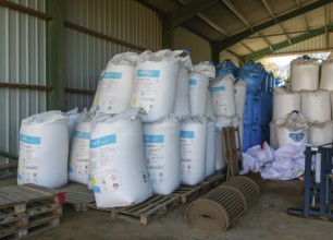 MYPREMIAN ammonium nitrate LAR nitrogen fertiliser bags stored in farm barn, Suffolk, England, UK