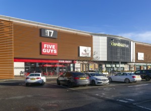 Chain restaurants modern leisure development buildings, Cardinal Park, Ipswich town centre,