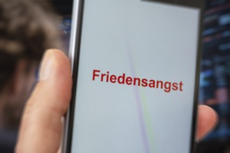 (photo montage) Smartphone with displayed text FEAR OF PEACE against the backdrop of a stock