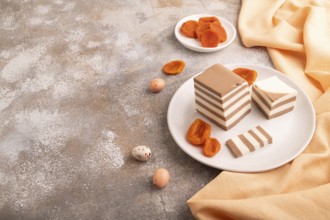 Cocoa and milk jelly with dried apricots on brown concrete background and orange textile, side