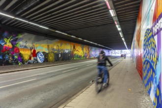 Huge street art pictures in a road tunnel in Gelsenkirchen, the approximately 120 meter long